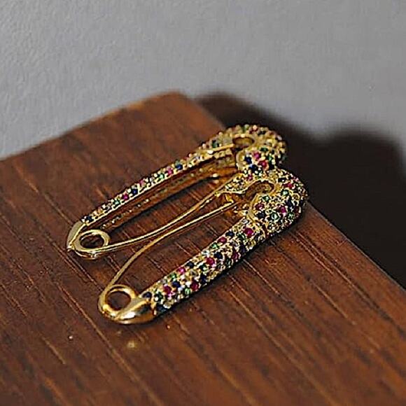 Gold Plated Rhinestone Safety-pin Earring, Multicolor, Punk, Hip Hop - Picture 4 of 8